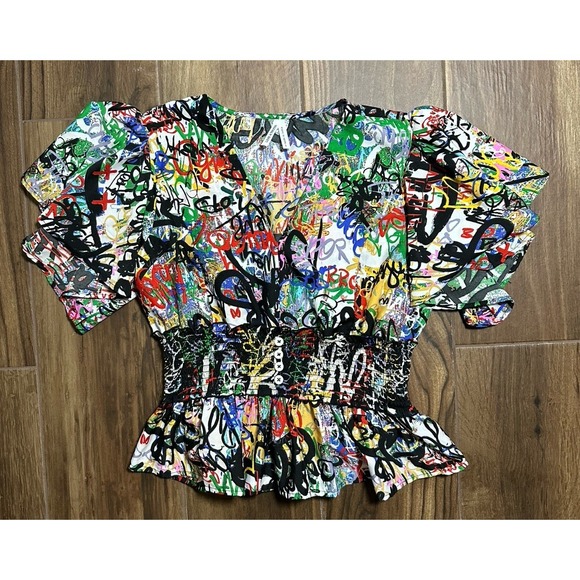 Live 4 Truth Graffiti Print Top Smocked Waist Ruffle Blouse Multicolor - Picture 1 of 8